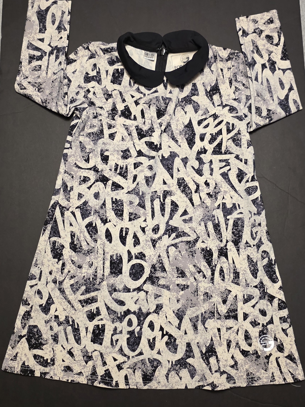 Foray Golf Girls Black and White Script Print Dress with Black Peter Pan Collar